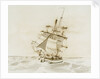 Merchant ship shortening sail in a fresh breeze by British School