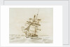 Merchant ship shortening sail in a fresh breeze by British School