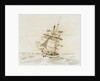Merchant ship shortening sail in a fresh breeze by British School