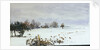 A landscape under snow with a flock of feeding birds in the foreground by William Lionel Wyllie