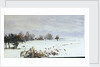 A landscape under snow with a flock of feeding birds in the foreground by William Lionel Wyllie
