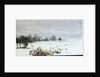 A landscape under snow with a flock of feeding birds in the foreground by William Lionel Wyllie