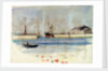 Quay with warehouse, steam vessel and figures, and rowing boat in foreground by William Lionel Wyllie