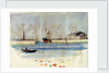 Quay with warehouse, steam vessel and figures, and rowing boat in foreground by William Lionel Wyllie