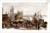 Vessels moored beside a river possibly the Thames, with bridge and large buildings outlined in background by William Lionel Wyllie