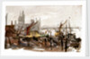 Vessels moored beside a river possibly the Thames, with bridge and large buildings outlined in background by William Lionel Wyllie