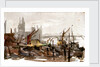 Vessels moored beside a river possibly the Thames, with bridge and large buildings outlined in background by William Lionel Wyllie