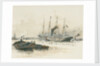 Passenger vessel 'Oruba' or 'Orotava' with barges in the foreground by William Lionel Wyllie