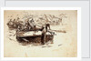Barges on a river with bridge in the background by William Lionel Wyllie