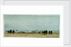 Beach scene with figures, donkey and cart, and small sailing vessels in the sea by William Lionel Wyllie