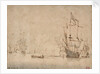 A flagship becalmed firing a salute by Willem Van de Velde the Younger