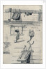 Studies of gun ports and four part block of an East Indiaman and a brig seen from ahead with lower yards cockbilled by Edward William Cooke