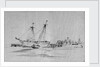 Yarmouth beach looking south with a beach yawl and other small boats drawn up by Edward William Cooke