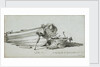A coble on the beach at Yarmouth, starboard bow, with dan buoys and a fishing line tug by Edward William Cooke
