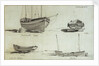A three masted yawl, a two masted yawl and two views of a coble on Yarmouth beach by Edward William Cooke