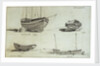 A three masted yawl, a two masted yawl and two views of a coble on Yarmouth beach by Edward William Cooke