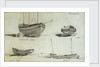 A three masted yawl, a two masted yawl and two views of a coble on Yarmouth beach by Edward William Cooke