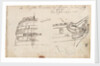 Annotated sketches of the stern, bow and figurehead of the Indiaman Houghton with inscription (on reverse) by Thomas Luny