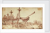 Dockyard scene showing various large docked sailing vessels by Henry Moses