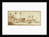 Dockyard scene with barrels and figures in foreground and two large sailing vessels in dock by Henry Moses