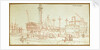 View of a hulk in a dockyard with a bridge stretching across the quayside and figures fishing and standing about by Henry Moses