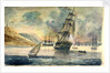 British man of war in a Mediterranean anchorage by D. Tandy
