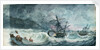 Partly dismasted British man-of-war being driven onto rocks in a storm, with another standing off by D. Tandy