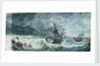 Partly dismasted British man-of-war being driven onto rocks in a storm, with another standing off by D. Tandy