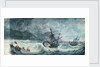 Partly dismasted British man-of-war being driven onto rocks in a storm, with another standing off by D. Tandy