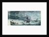 Partly dismasted British man-of-war being driven onto rocks in a storm, with another standing off by D. Tandy