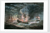 Fighting vessel blowing up at sea, with two others nearby by D. Tandy