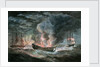 Fighting vessel blowing up at sea, with two others nearby by D. Tandy
