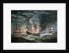 Fighting vessel blowing up at sea, with two others nearby by D. Tandy