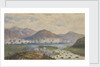 The China War 1857. Junk fleet against mountainous background. Boats pulling in river at right by Thomas Goldsworth Dutton
