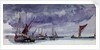 Sailing vessels at anchor under a stormy sky (unfinished) by William Lionel Wyllie
