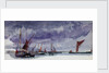 Sailing vessels at anchor under a stormy sky (unfinished) by William Lionel Wyllie