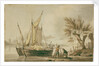 A river scene with fishing boats and fishermen sorting their nets on shore. by John Thomas Serres