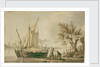 A river scene with fishing boats and fishermen sorting their nets on shore. by John Thomas Serres