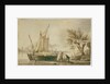 A river scene with fishing boats and fishermen sorting their nets on shore. by John Thomas Serres