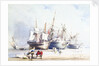 Beached trading vessels and fishermen with block and tackle in foreground, Swansea by Richard Calvert Jones