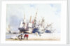Beached trading vessels and fishermen with block and tackle in foreground, Swansea by Richard Calvert Jones
