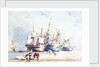Beached trading vessels and fishermen with block and tackle in foreground, Swansea by Richard Calvert Jones