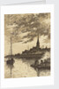 River scene showing a sailing vessel, men working at a fire, and a church by John Everett