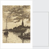 River scene showing a sailing vessel, men working at a fire, and a church by John Everett