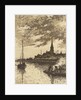 River scene showing a sailing vessel, men working at a fire, and a church by John Everett