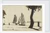 Sailing vessels near a river bank with a tree by John Everett