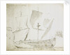 A Guinea merchant ship drying sails by Willem Van de Velde the Younger