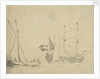 A boeier at a pier and a Dutch ship at anchor by Willem Van de Velde the Younger