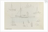 Sketch of two sailing vessels on a blue sea. With colour notes by John Brett