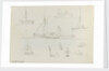 Sketch of two sailing vessels on a blue sea. With colour notes by John Brett